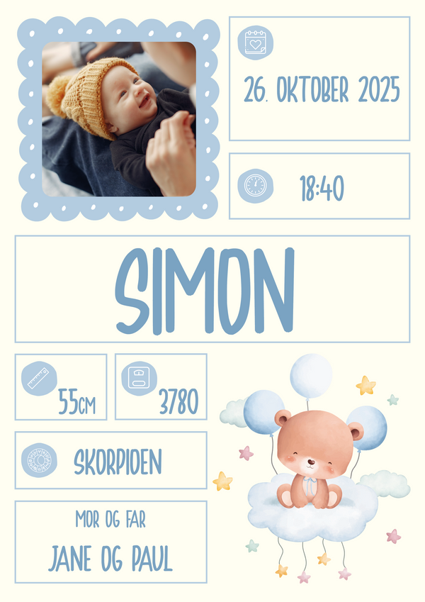 Fødselsplakat - Baby Blue (Design Selv Plakat)
