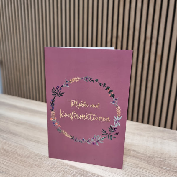 Tillykke med Konfirmationen i Blomsterkrans - Lilla (Foliekort)