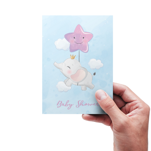 Baby Shower Kort - Elefant Flyvende (Rosa)