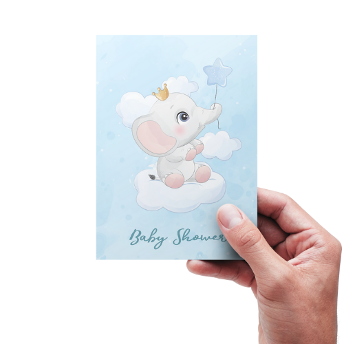 Baby Shower Kort - Elefant på sky (Blå)