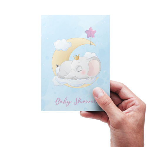 Baby Shower Kort - Elefant på måne (Rosa)