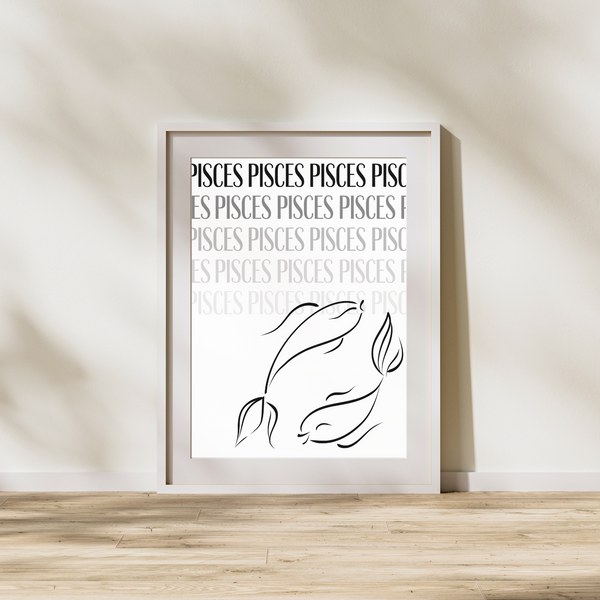 Fisk / Pisces (Abstrakt sort/hvid) - Håndtegnet Plakat