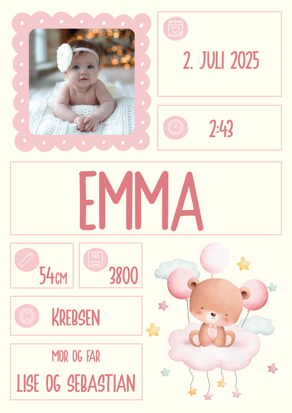 Fødselsplakat - Baby Pink (Design Selv Plakat)